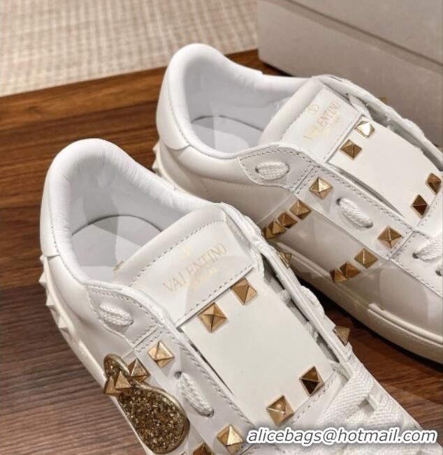 Pretty Style Valentino Open Rockstud Sneakers in White Calfskin with Gold Sequins Heart 427032