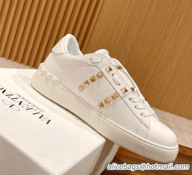 Pretty Style Valentino Open Rockstud Sneakers in White Calfskin with Gold Sequins Heart 427032