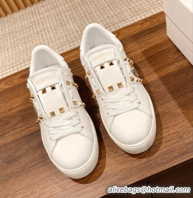 Pretty Style Valentino Open Rockstud Sneakers in White Calfskin with Gold Sequins Heart 427032