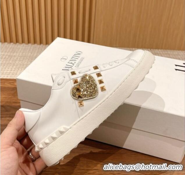 Pretty Style Valentino Open Rockstud Sneakers in White Calfskin with Gold Sequins Heart 427032