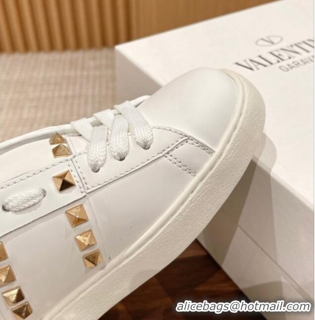 Pretty Style Valentino Open Rockstud Sneakers in White Calfskin with Gold Sequins Heart 427032