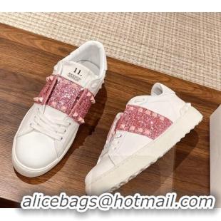 Best Grade Valentino Untitled Rockstud Sneakers with Pink Sequins Stripe in White Calfskin 427033