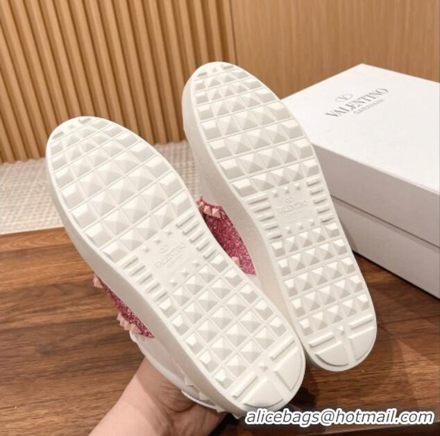 Best Grade Valentino Untitled Rockstud Sneakers with Pink Sequins Stripe in White Calfskin 427033