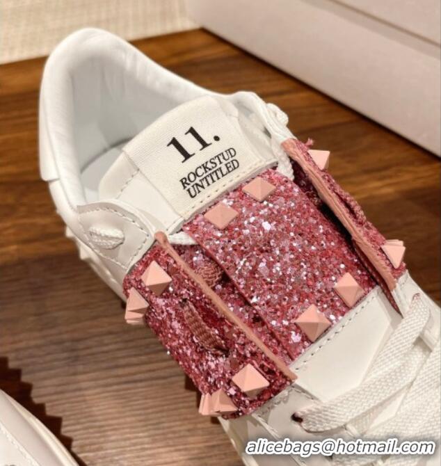 Best Grade Valentino Untitled Rockstud Sneakers with Pink Sequins Stripe in White Calfskin 427033