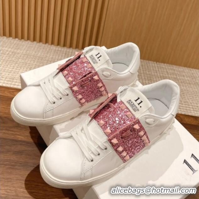 Best Grade Valentino Untitled Rockstud Sneakers with Pink Sequins Stripe in White Calfskin 427033