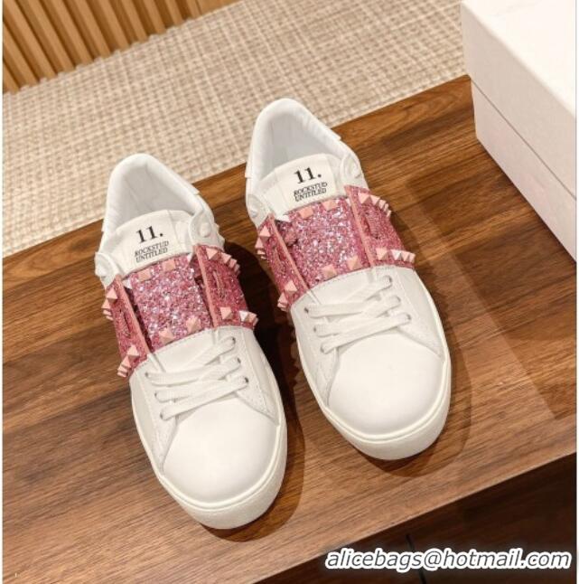 Best Grade Valentino Untitled Rockstud Sneakers with Pink Sequins Stripe in White Calfskin 427033