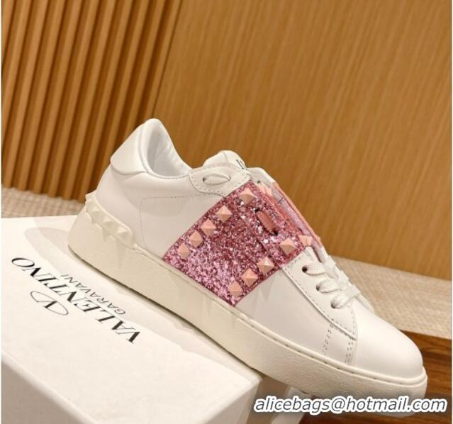 Best Grade Valentino Untitled Rockstud Sneakers with Pink Sequins Stripe in White Calfskin 427033