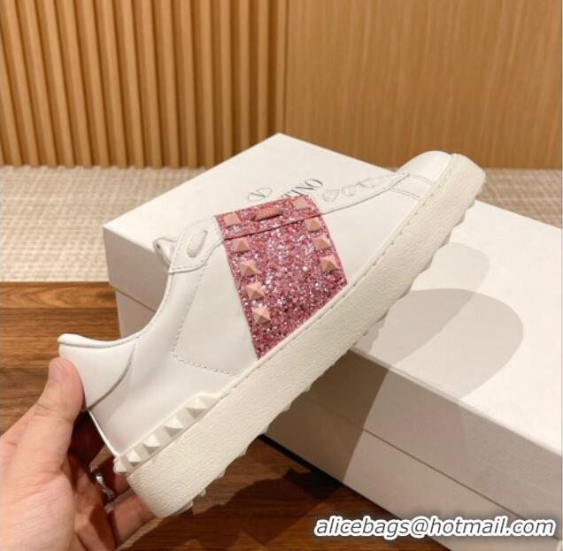 Best Grade Valentino Untitled Rockstud Sneakers with Pink Sequins Stripe in White Calfskin 427033