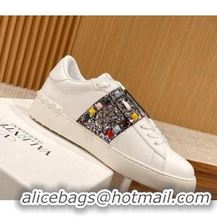 Charming Valentino Untitled Rockstud Sneakers with Multicolor Sequins Stripe in White Calfskin 0427034