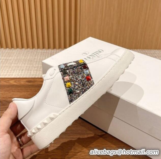 Charming Valentino Untitled Rockstud Sneakers with Multicolor Sequins Stripe in White Calfskin 0427034