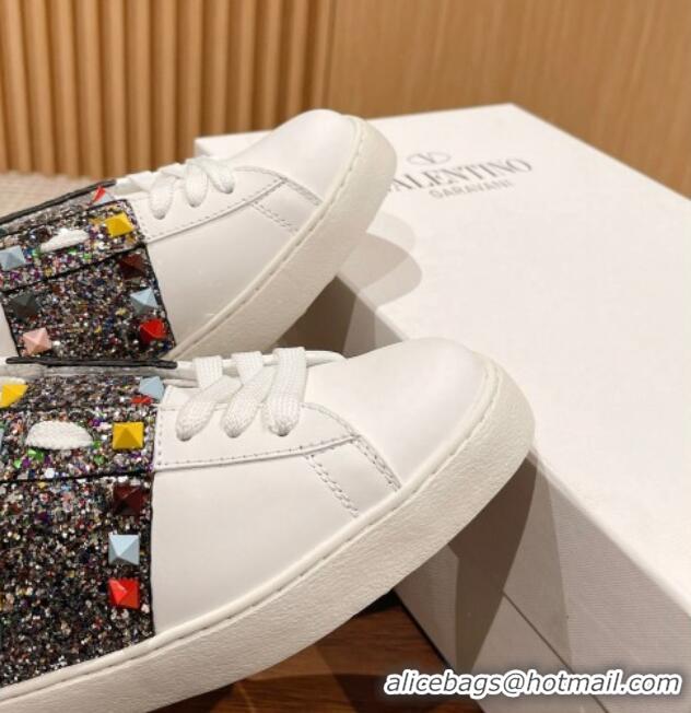 Charming Valentino Untitled Rockstud Sneakers with Multicolor Sequins Stripe in White Calfskin 0427034