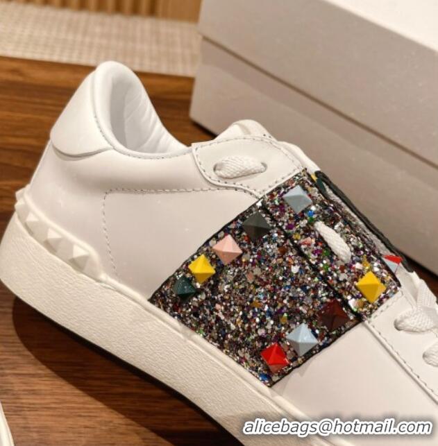 Charming Valentino Untitled Rockstud Sneakers with Multicolor Sequins Stripe in White Calfskin 0427034