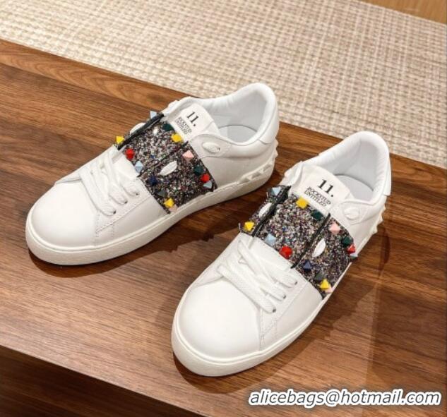 Charming Valentino Untitled Rockstud Sneakers with Multicolor Sequins Stripe in White Calfskin 0427034