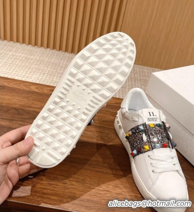 Charming Valentino Untitled Rockstud Sneakers with Multicolor Sequins Stripe in White Calfskin 0427034