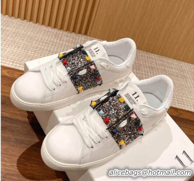 Charming Valentino Untitled Rockstud Sneakers with Multicolor Sequins Stripe in White Calfskin 0427034