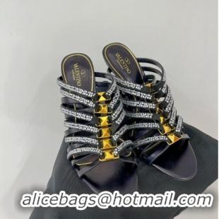 Grade Quality Valentino Rockstud Strappy Slide Sandal in Metallic Leather with Crystals 100mm Black 353111