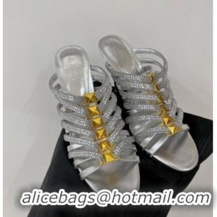 Good Looking Valentino Rockstud Strappy Slide Sandal in Metallic Leather with Crystals 100mm Silver 2353110