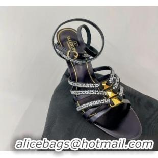 Best Price Valentino Rockstud Strappy Sandal in Metallic Leather with Crystals 100mm Black 353108