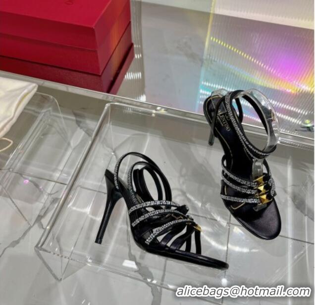 Best Price Valentino Rockstud Strappy Sandal in Metallic Leather with Crystals 100mm Black 353108