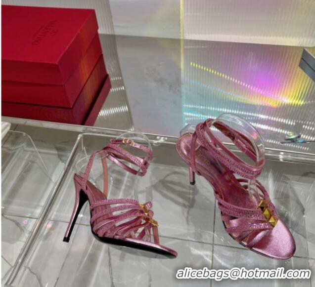 Purchase Valentino Rockstud Strappy Sandal in Metallic Leather with Crystals 100mm Pink 353107