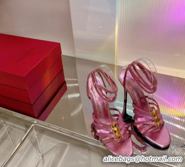 Purchase Valentino Rockstud Strappy Sandal in Metallic Leather with Crystals 100mm Pink 353107