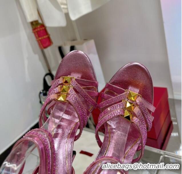 Purchase Valentino Rockstud Strappy Sandal in Metallic Leather with Crystals 100mm Pink 353107