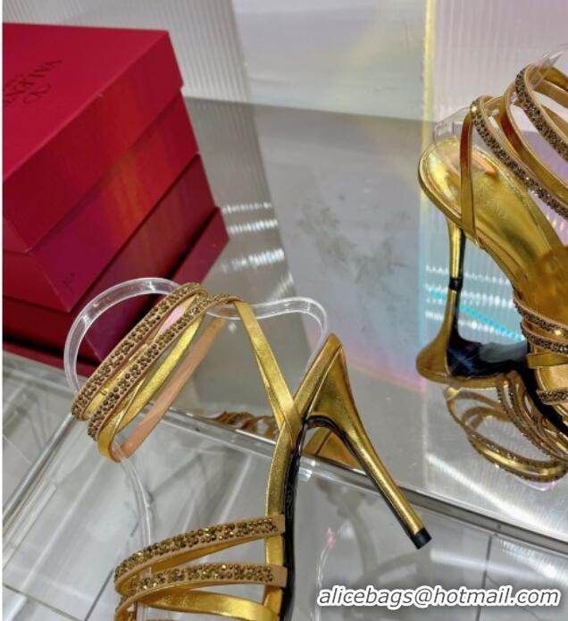 Pretty Style Valentino Rockstud Strappy Sandal in Metallic Leather with Crystals 100mm Gold 2353106