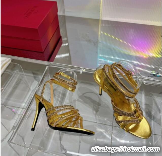 Pretty Style Valentino Rockstud Strappy Sandal in Metallic Leather with Crystals 100mm Gold 2353106