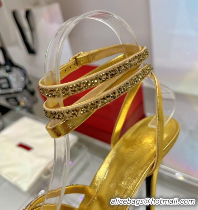 Pretty Style Valentino Rockstud Strappy Sandal in Metallic Leather with Crystals 100mm Gold 2353106