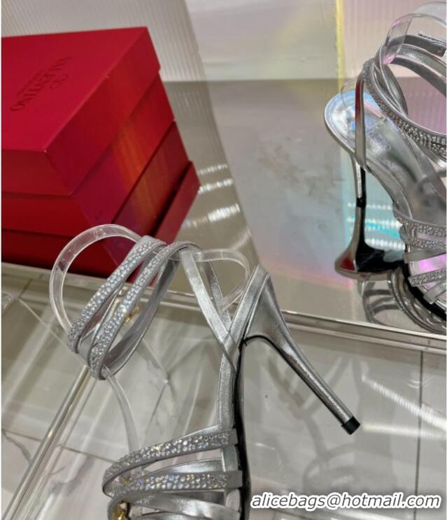 Shop Duplicate Valentino Rockstud Strappy Sandal in Metallic Leather with Crystals 100mm Silver 353105