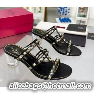 Top Grade Valentino Rockstud Slide Sandals in Polymer Material with Plexi Heel 6cm Black 613145