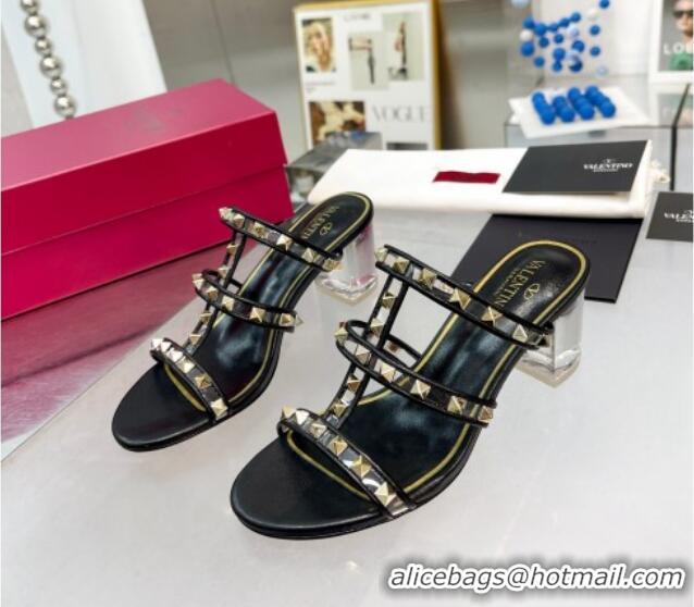 Top Grade Valentino Rockstud Slide Sandals in Polymer Material with Plexi Heel 6cm Black 613145