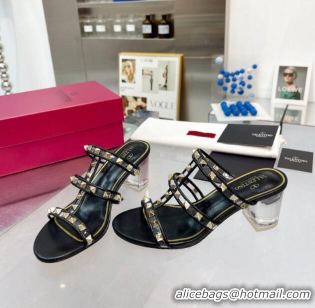 Top Grade Valentino Rockstud Slide Sandals in Polymer Material with Plexi Heel 6cm Black 613145