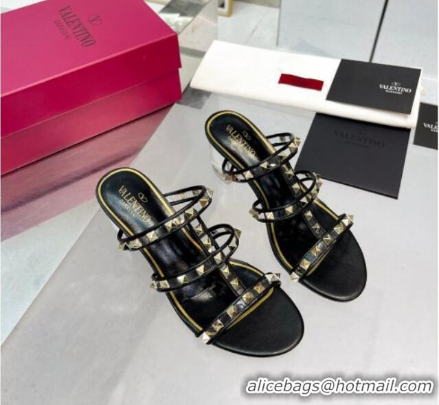 Top Grade Valentino Rockstud Slide Sandals in Polymer Material with Plexi Heel 6cm Black 613145