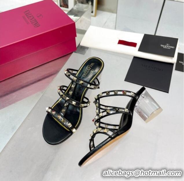 Top Grade Valentino Rockstud Slide Sandals in Polymer Material with Plexi Heel 6cm Black 613145