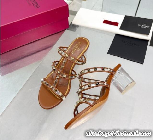 Popular Style Valentino Rockstud Slide Sandals in Polymer Material with Plexi Heel 6cm Brown 613146