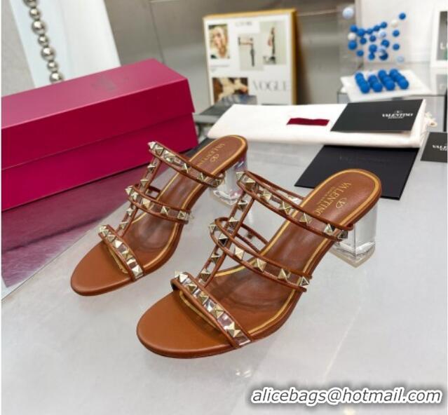 Popular Style Valentino Rockstud Slide Sandals in Polymer Material with Plexi Heel 6cm Brown 613146