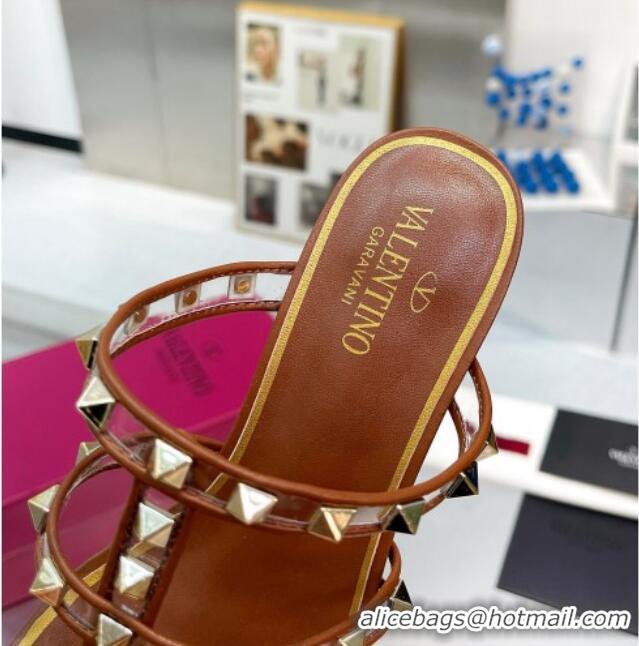 Popular Style Valentino Rockstud Slide Sandals in Polymer Material with Plexi Heel 6cm Brown 613146