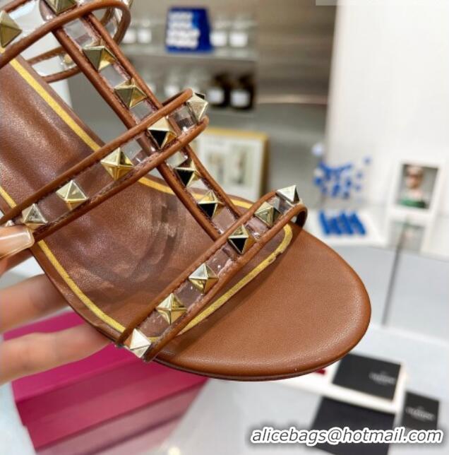 Popular Style Valentino Rockstud Slide Sandals in Polymer Material with Plexi Heel 6cm Brown 613146