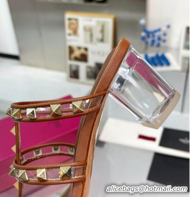 Popular Style Valentino Rockstud Slide Sandals in Polymer Material with Plexi Heel 6cm Brown 613146