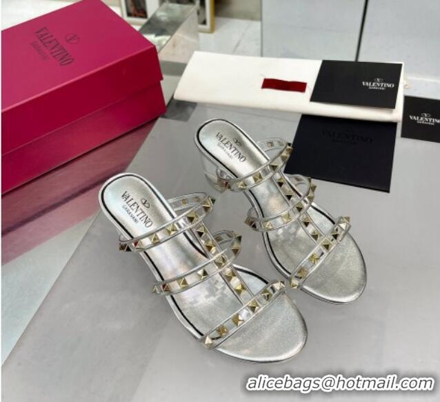 Best Grade Valentino Rockstud Slide Sandals in Polymer Material with Plexi Heel 6cm Silver 613147