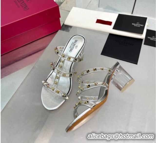 Best Grade Valentino Rockstud Slide Sandals in Polymer Material with Plexi Heel 6cm Silver 613147