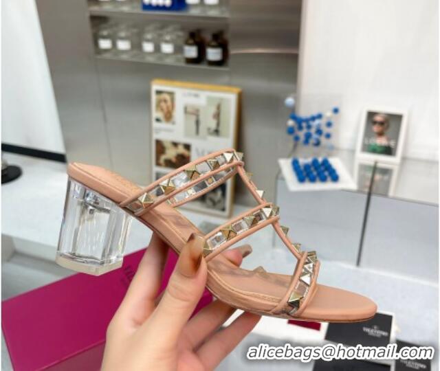 Good Looking Valentino Rockstud Slide Sandals in Polymer Material with Plexi Heel 6cm Nude 613148