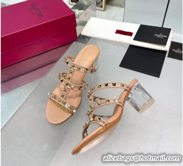 Good Looking Valentino Rockstud Slide Sandals in Polymer Material with Plexi Heel 6cm Nude 613148