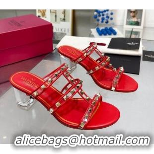 Low Price Valentino Rockstud Slide Sandals in Polymer Material with Plexi Heel 6cm Red 613149