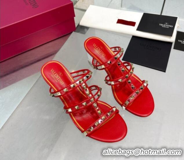 Low Price Valentino Rockstud Slide Sandals in Polymer Material with Plexi Heel 6cm Red 613149