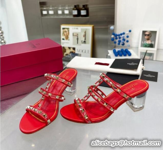 Low Price Valentino Rockstud Slide Sandals in Polymer Material with Plexi Heel 6cm Red 613149