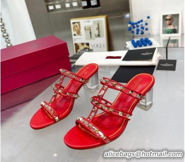 Low Price Valentino Rockstud Slide Sandals in Polymer Material with Plexi Heel 6cm Red 613149