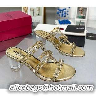 Top Design Valentino Rockstud Slide Sandals in Polymer Material with Plexi Heel 6cm Gold 613150