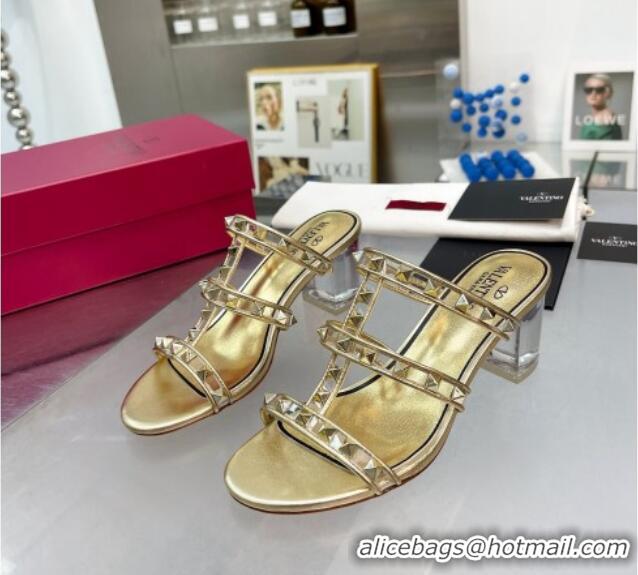 Top Design Valentino Rockstud Slide Sandals in Polymer Material with Plexi Heel 6cm Gold 613150